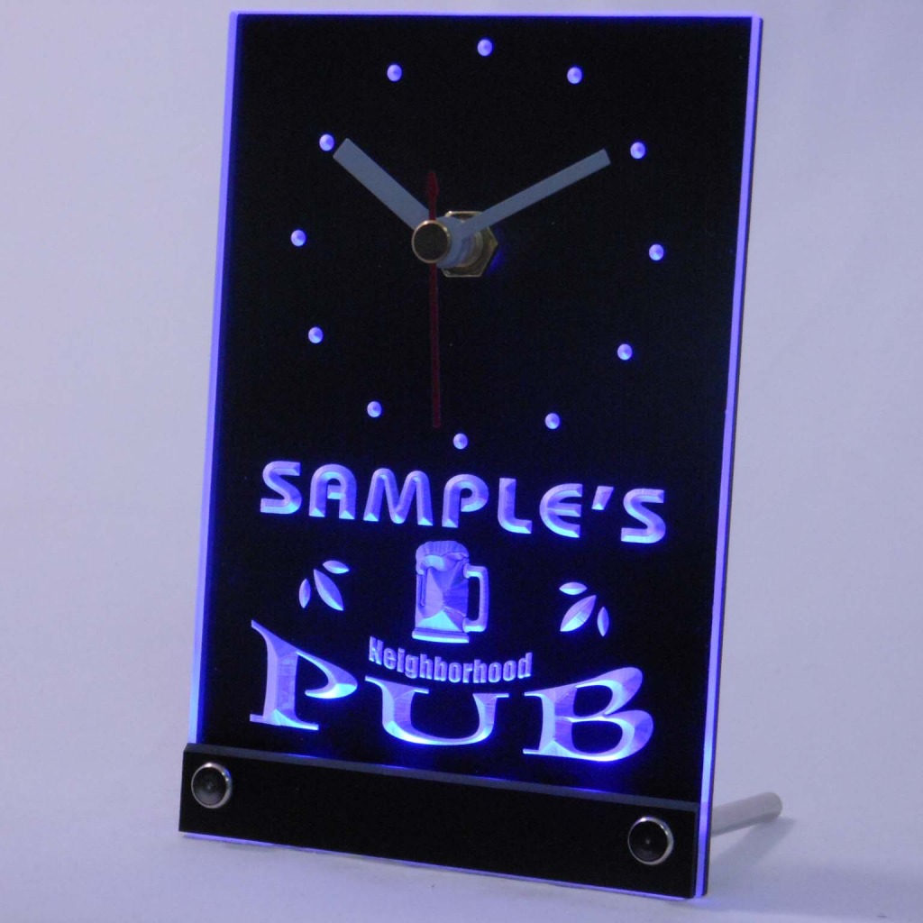 Personalized Neighborhood Pub Bar Led Table Clock Blue