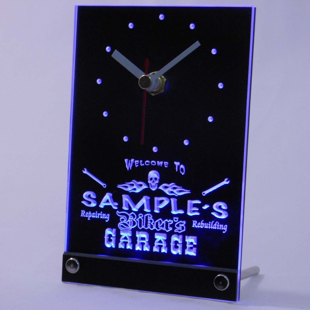 Personalized Biker's Skull Garage Bar Led Table Clock Blue