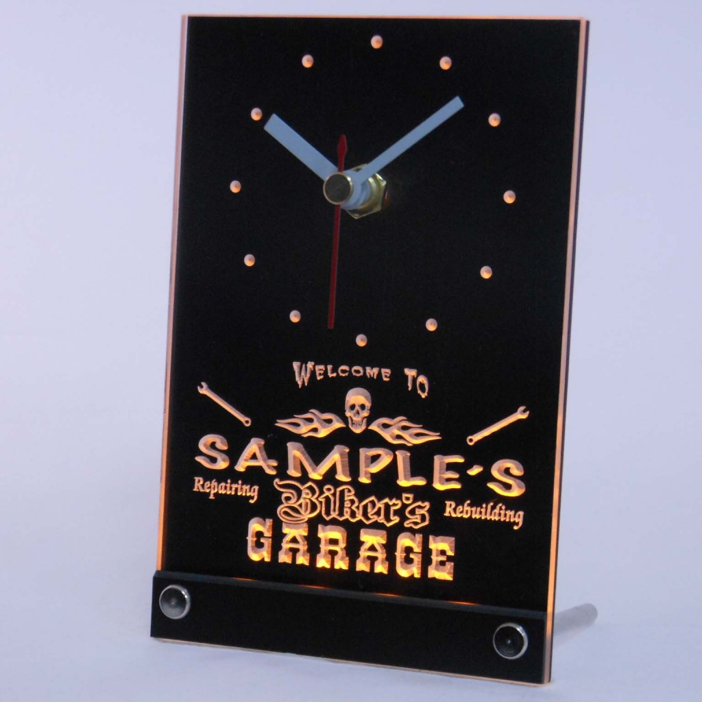 Personalized Biker's Skull Garage Bar Led Table Clock Yellow