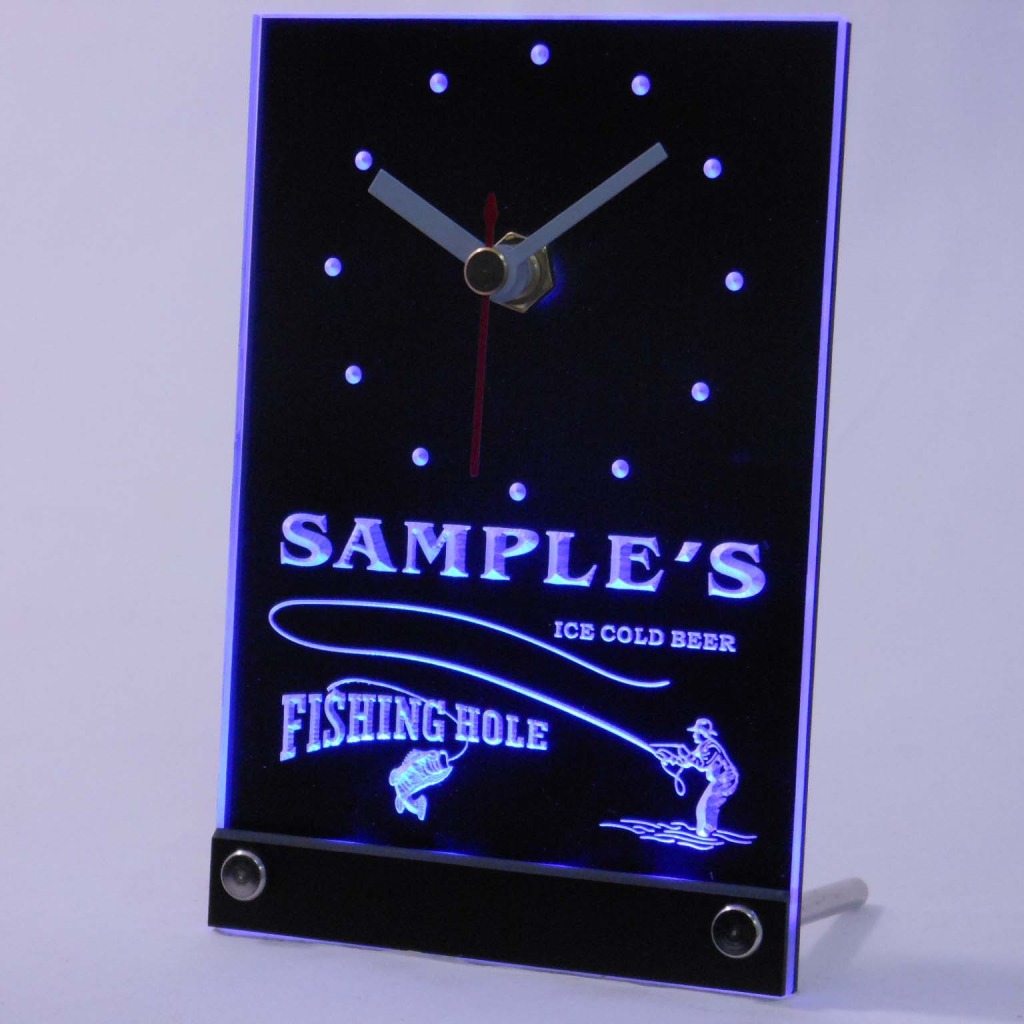 Personalized Fly Fishing Hole Bar Neon Led Table Clock Blue