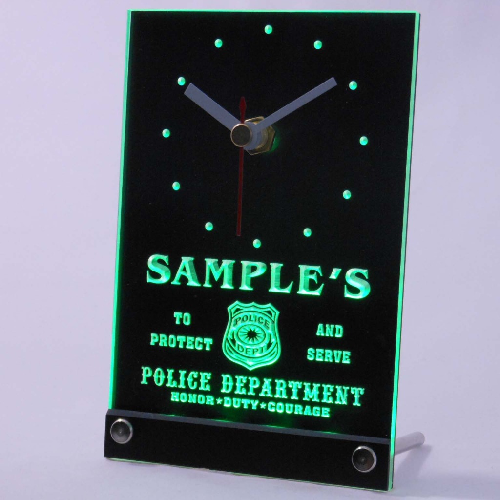 Personalized Police Station Badge Bar Led Table Clock Green