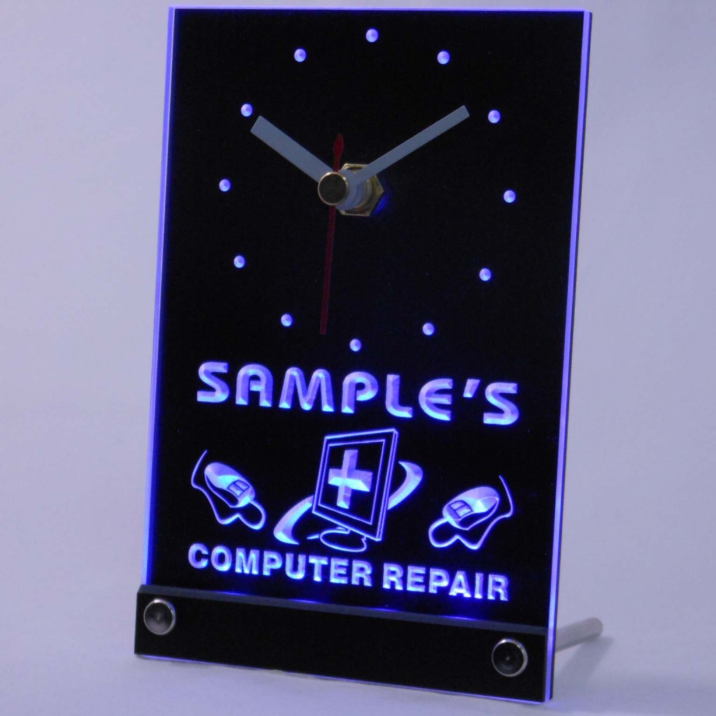 Personalized Computer Repair Shop Led Table Clock Blue