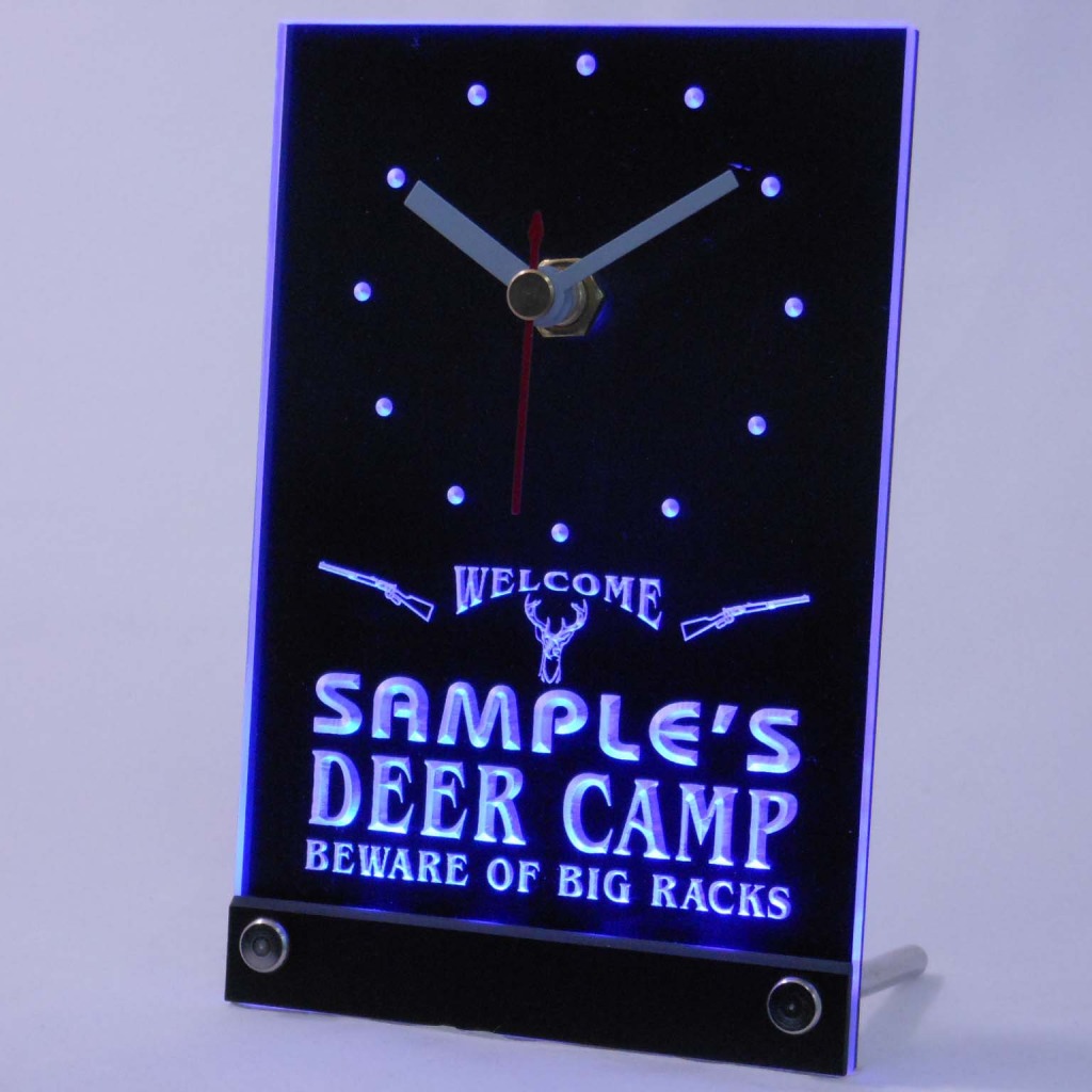 Personalized Deer Camp Big Racks Bar Led Table Clock Blue