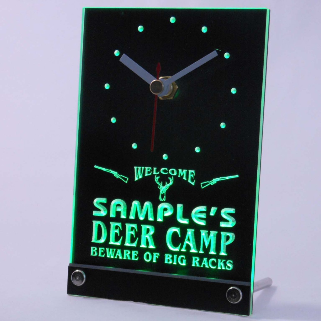 Personalized Deer Camp Big Racks Bar Led Table Clock Green