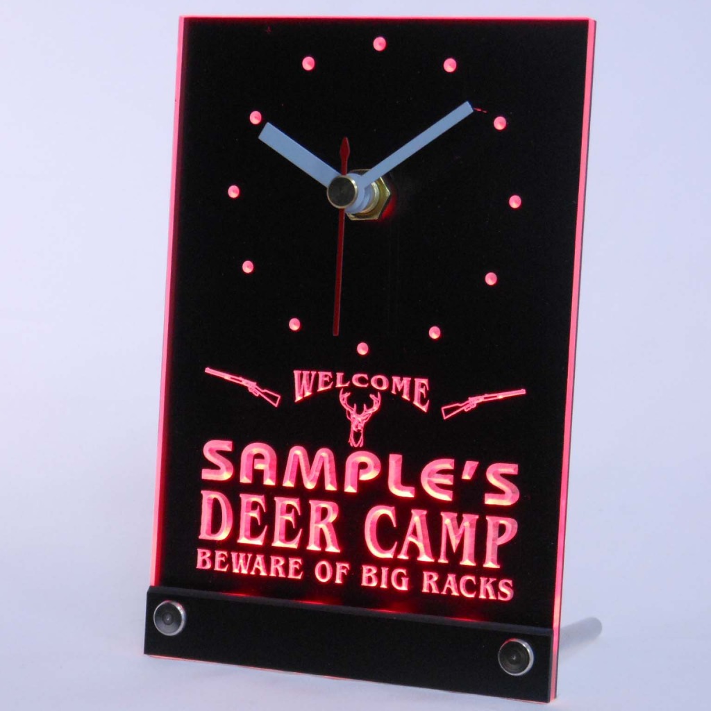 Personalized Deer Camp Big Racks Bar Led Table Clock Red